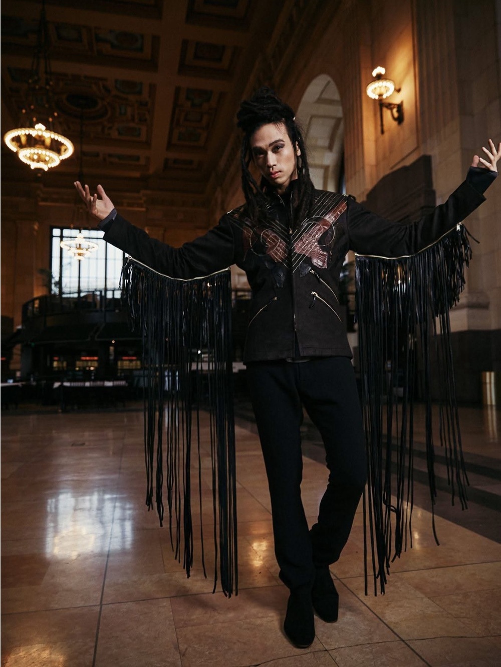 Western faux suede jacket zipper long black fringe and genuine leather patches